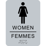 Women Bilingual Washroom Braille Sign with a rectangle silver background, black tactile symbols, text, and braille for ADA compliance