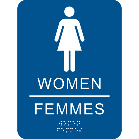 Women Bilingual Washroom Braille Sign with a rectangle blue background, white tactile symbols, text, and braille for ADA compliance