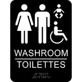 Accessible family washroom bilingual text braille sign. Rectangle shape black background with white text, graphics and braille. with adhesive back for easy install.