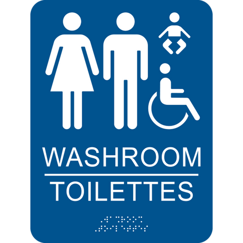 Accessible family washroom bilingual text braille sign. Rectangle shape blue background with white text, graphics and braille. with adhesive back for easy install.