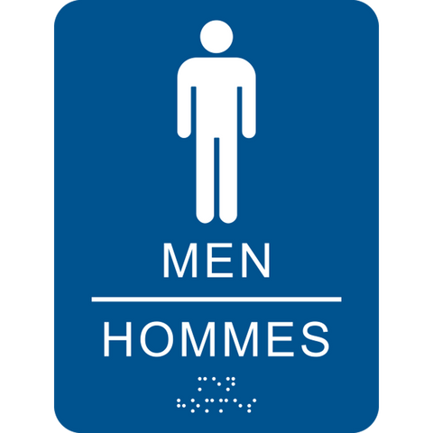 Blue rectangular bilingual men washroom sign with white figure icon, 'Men' and 'Hommes' text, horizontal separator line, raised tactile symbols, and braille text.