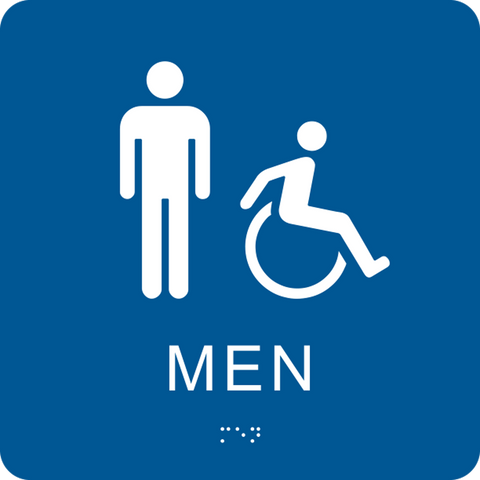 Blue, square, men accessible washroom sign with white dynamic wheelchair graphic, raised tactile symbols, and braille text.