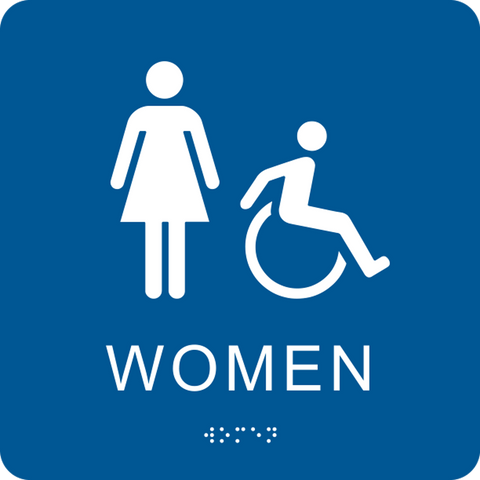 ADA-compliant Women's washroom sign with a blue background, white female figure, wheelchair accessibility symbol, and Braille text below the word Women