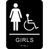 Girls washroom Braille sign text black background with white female graphic, wheelchair symbol and braille. with adhesive back for easy install.