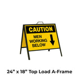 Caution Men Working Below with Down Arrow A-Frame Sign Stand