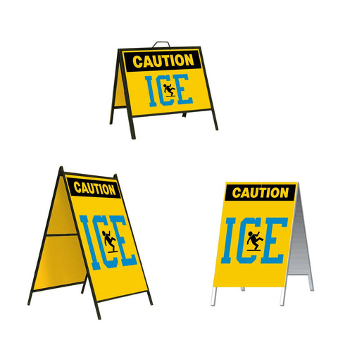 Caution Ice with Blue Text A-Frame Sign Stand