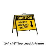 Caution People Working Below with Arrow Pointing Down A-Frame Sign Stand