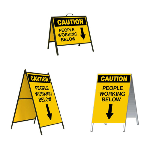 Caution People Working Below with Arrow Pointing Down A-Frame Sign Stand