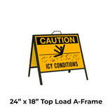 Caution Icy Conditions with Person Slipping Graphic A-Frame Sign Stand