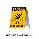 Caution Icy Conditions with Person Slipping Graphic A-Frame Sign Stand