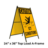 Caution Icy Conditions with Person Slipping Graphic A-Frame Sign Stand