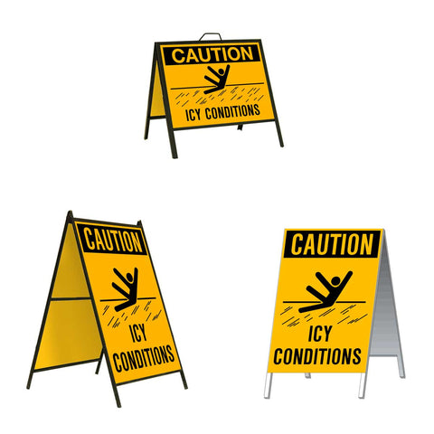Caution Icy Conditions with Person Slipping Graphic A-Frame Sign Stand