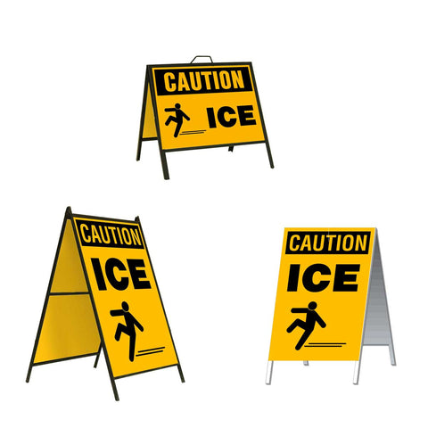 Caution Ice with a graphic of a Person Sliding A-Frame Sign Stand