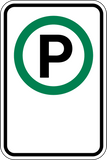 This Parking sign is a rectangle sign. It has a parking permitted symbol with no corner arrows on a white background.