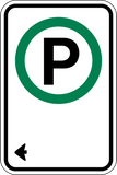 This Parking sign is a rectangle sign. It has a parking permitted symbol and black left corner arrow on a white background.