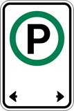 This Parking sign is a rectangle sign. It has a parking permitted symbol and black corner arrows on a white background.