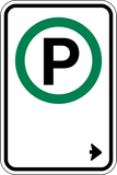 This Parking sign is a rectangle sign. It has a parking permitted symbol and black right corner arrow on a white background.