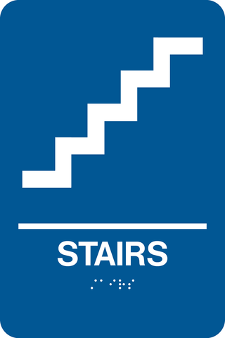 Rectangle Shape Stairs Braille Sign. Blue background with white graphic, text and braille. With adhesive back for easy install.