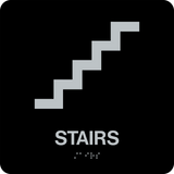 Square Shape Stairs Braille Sign. Black background with silver stairs graphic, text and braille. With adhesive back for easy install.