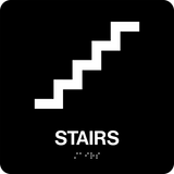 Square Shape Stairs Braille Sign. Black background with white stairs graphic, text and braille. With adhesive back for easy install.