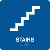 Square Shape Stairs Braille Sign. Blue background with white stairs graphic, text and braille. With adhesive back for easy install.