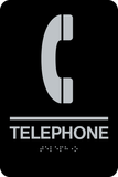 Rectangle Shape Telephone Braille Sign. Black background with silver telephone graphic, text and braille. With adhesive back for easy install.