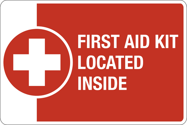 first aid kit inside sign